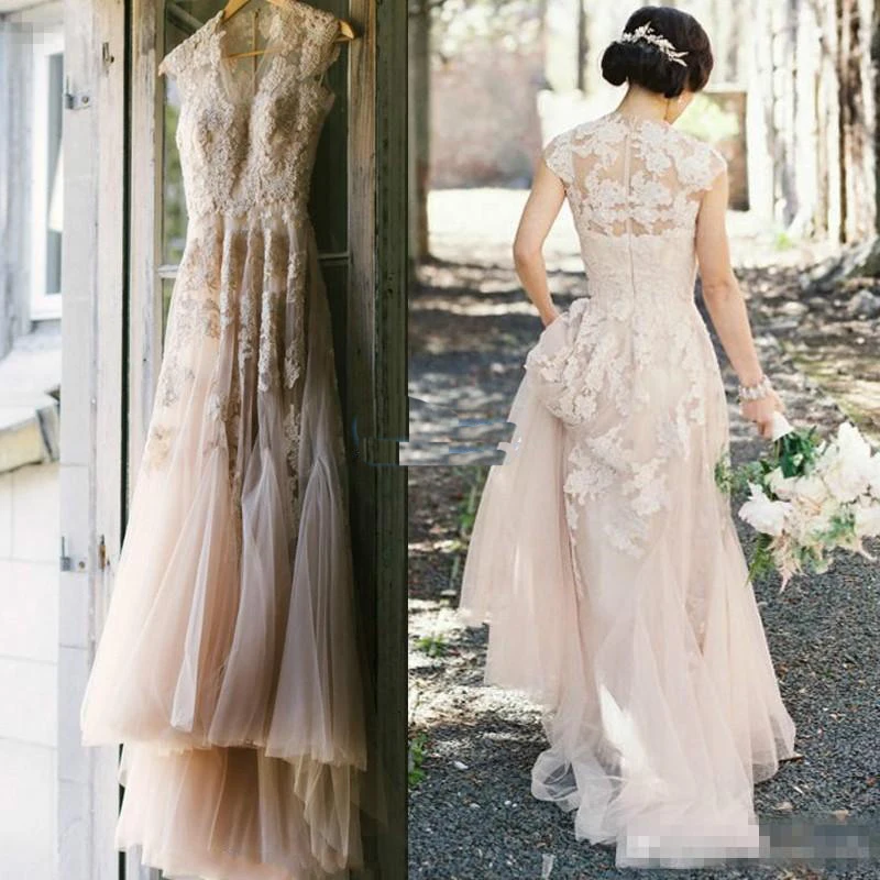 Boho Blush Pink Country Wedding Dresses 2022 robe de mariee Applique Lace Gowns Custom Made Western Designer Bride Dress | Свадьбы и