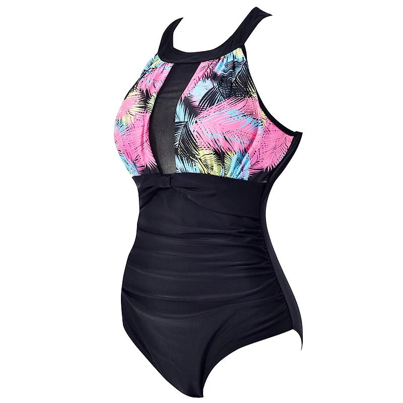 Women Floral Printed Plus Size One Piece Swimsuit 2018 Retro Large Size Lace Swimwear Bodysuit Full Coverage Halter Bathing Suit