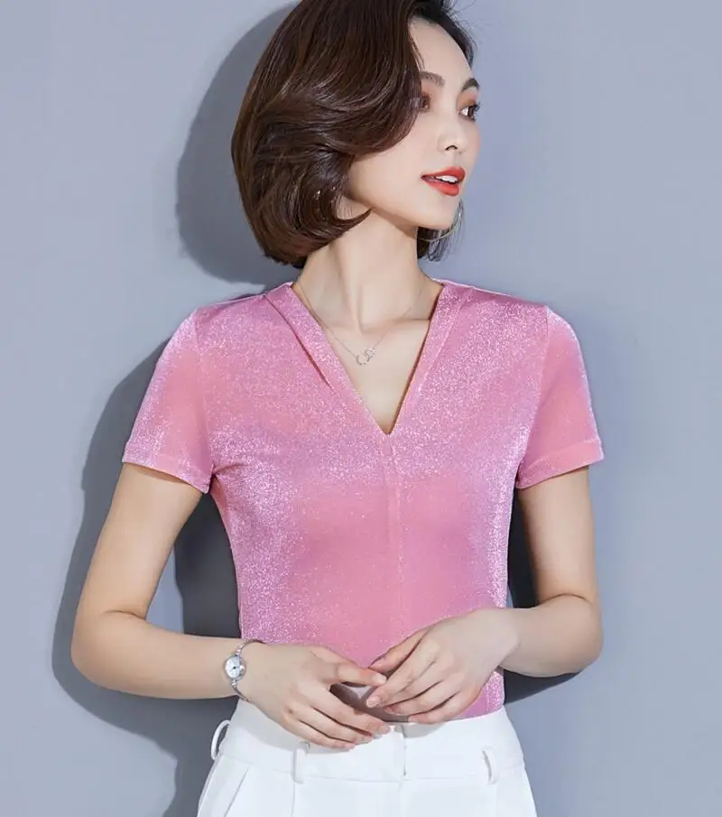 Blusas Mujer De Moda, новинка, яркая шелковая кружевная блузка, женские рубашки, блестящий люрекс, сексуальная, короткий рукав, для офиса, Женские топы и блузки