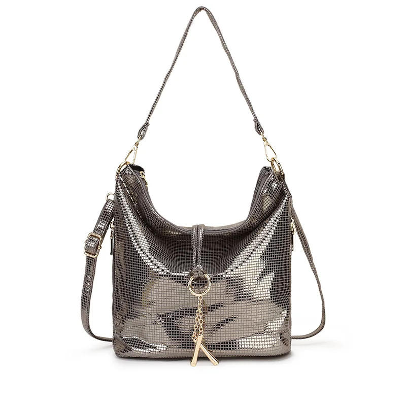 Черная Женская Кожаная Сумка Хобо, сумка-мессенджер для женщин, Золотая сумка через плечо, женская маленькая дамская сумочка, летняя - Цвет: silver grey