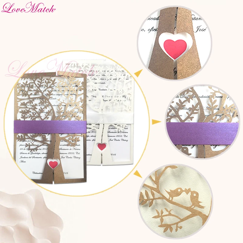 50 шт./лот лазерная резка красное сердце Дерево пригласительная открытка с лентой