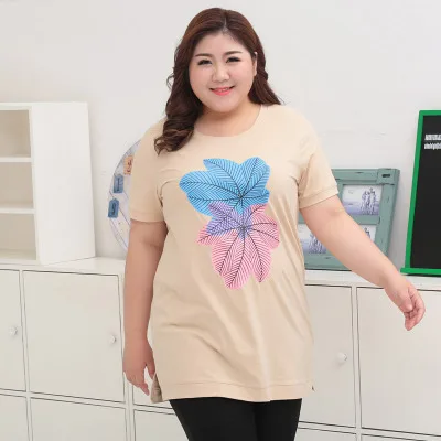 Бежевый Г. летние женские длинный абзац Большие размеры женская футболка с короткими рукавами большие размеры с модным принтом свободная футболка - Цвет: Бежевый
