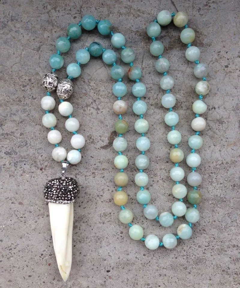 

YA2071 Real Wolf Tooth Pave Pendant Amazonite Beads Handmade Necklace 30-32inch long