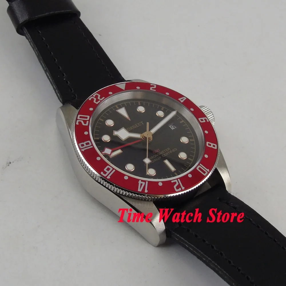  41mm Corgeut GMT watch black dial luminous Red rotating Bezel sapphire glass Automatic movement men