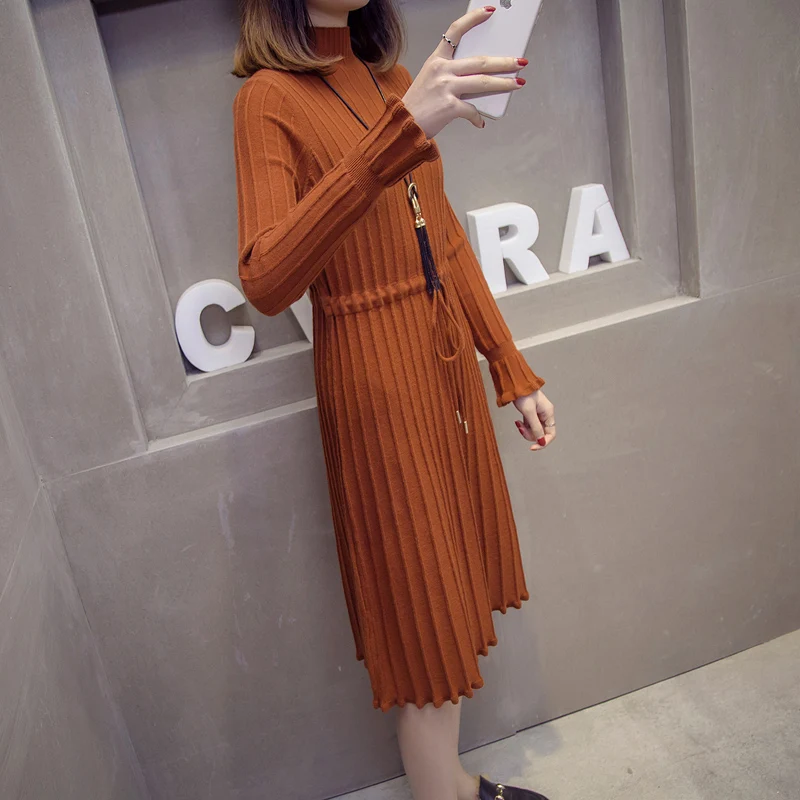 Womens Sweaters 2019 Winter Knitting Turtleneck Dress Bodycon Casual Pleated Midi Dress girls sweaters party Dresses vestidos