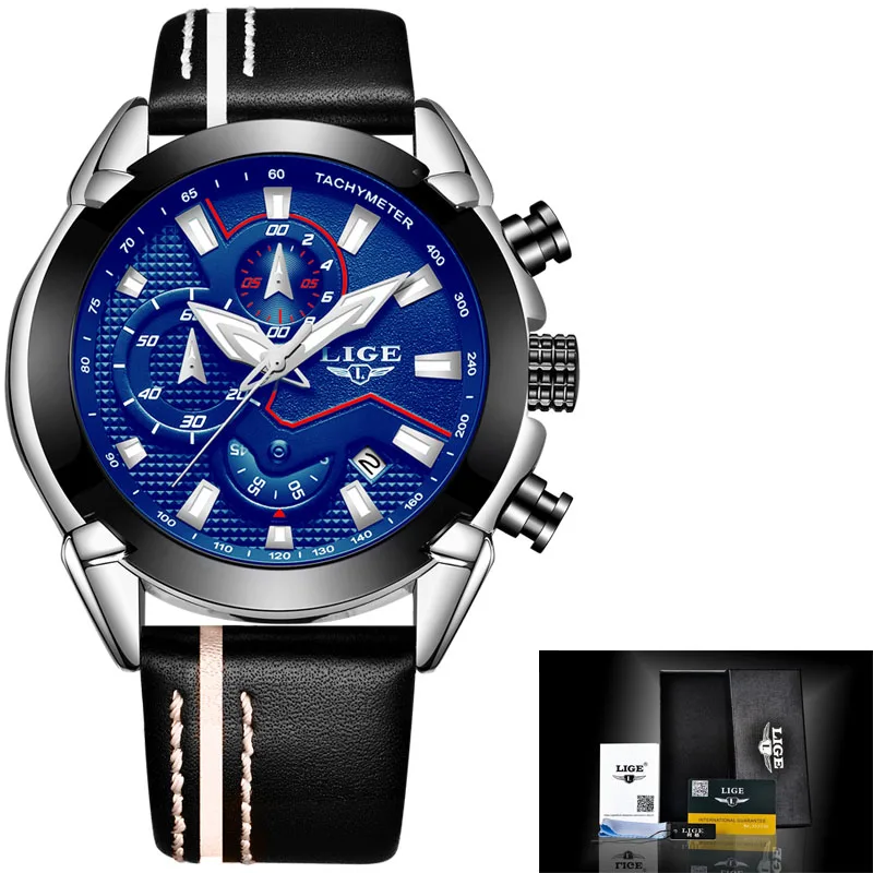 Leather silver blue Бренд lige мужской кожаный ремешок Военные часы Мужские Хронограф водонепроницаемые спортивные Дата кварцевые наручные часы подарки relogio masculino - Цвет: Leather silver blue