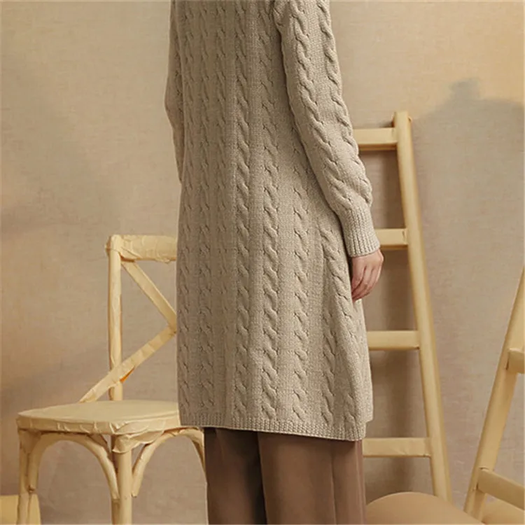  new arrival 100%hand made pure wool knit women streetwear turtleneck solid single breasted long car