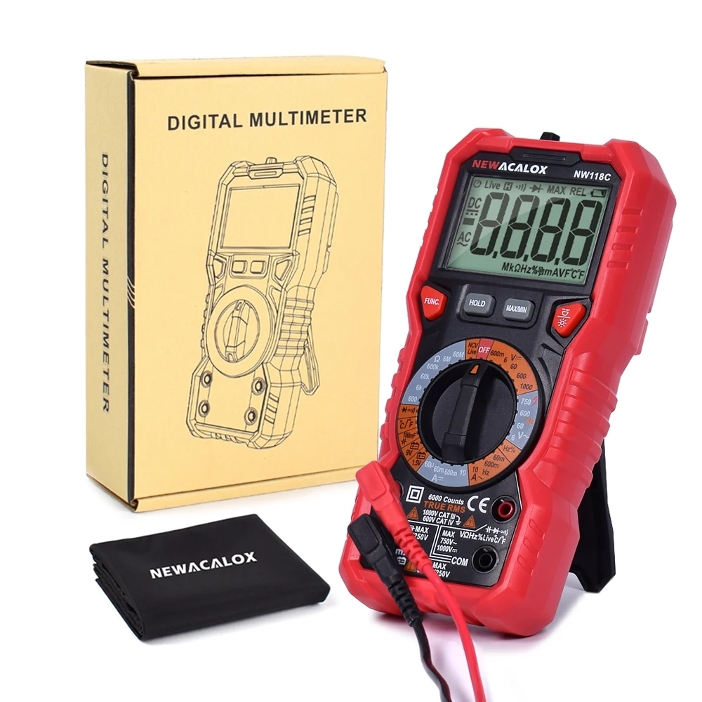 

NEWACALOX NCV Digital Multimeter 6000 counts Auto Multi Meter Ohm Tester Meter Voltmeter Ammeter Overload Protection with Probe