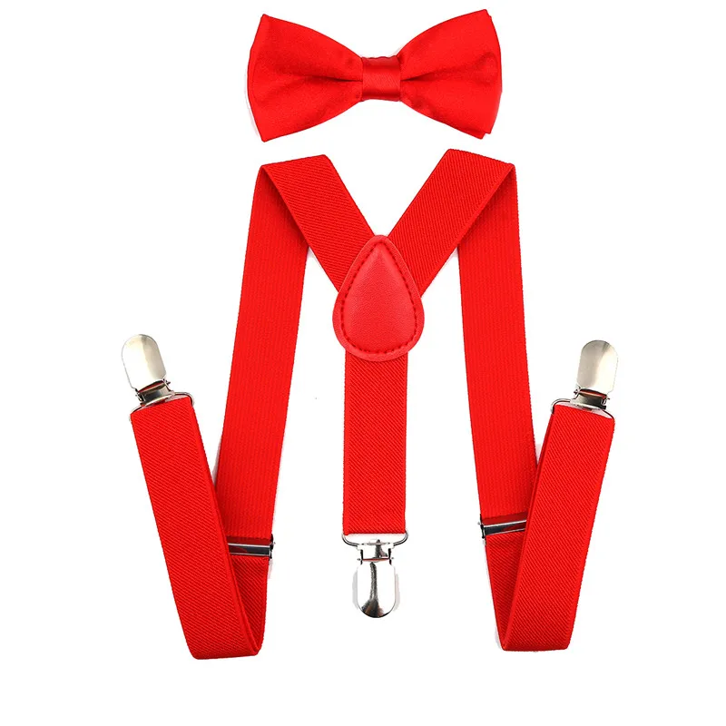 Комплект с подтяжками и галстуком-бабочкой, Эластичные подтяжки для детей, красная, розовая, черная, синяя подтяжки и галстук-бабочка для мальчиков и девочек - Цвет: Red