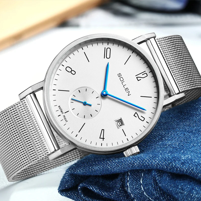 Брендовые кварцевые мужские часы, простые, стиль Bauhaus, 8 мм, тонкие, сапфировое стекло, сетчатый ремень, Классические наручные часы, Reloj Hombre