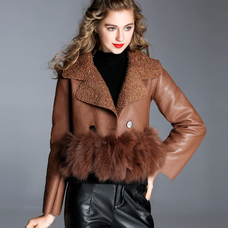 Женская весенне-осенняя Высококачественная куртка из искусственной кожи, шубы из овечьей шерсти, женская элегантная верхняя одежда из натурального Лисьего меха, TGH198