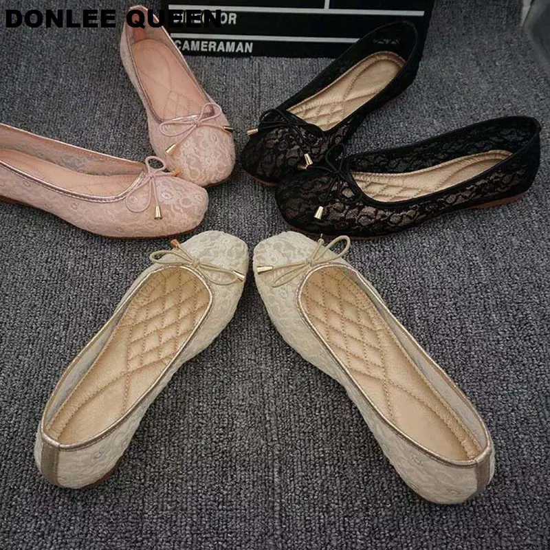 

DONLEE QUEEN Women Flats Ballet Shoes Lace Mesh Shallow Butterfly-knot Ballerina Square Toe Loafers Flat Casual Zapatillas Mujer
