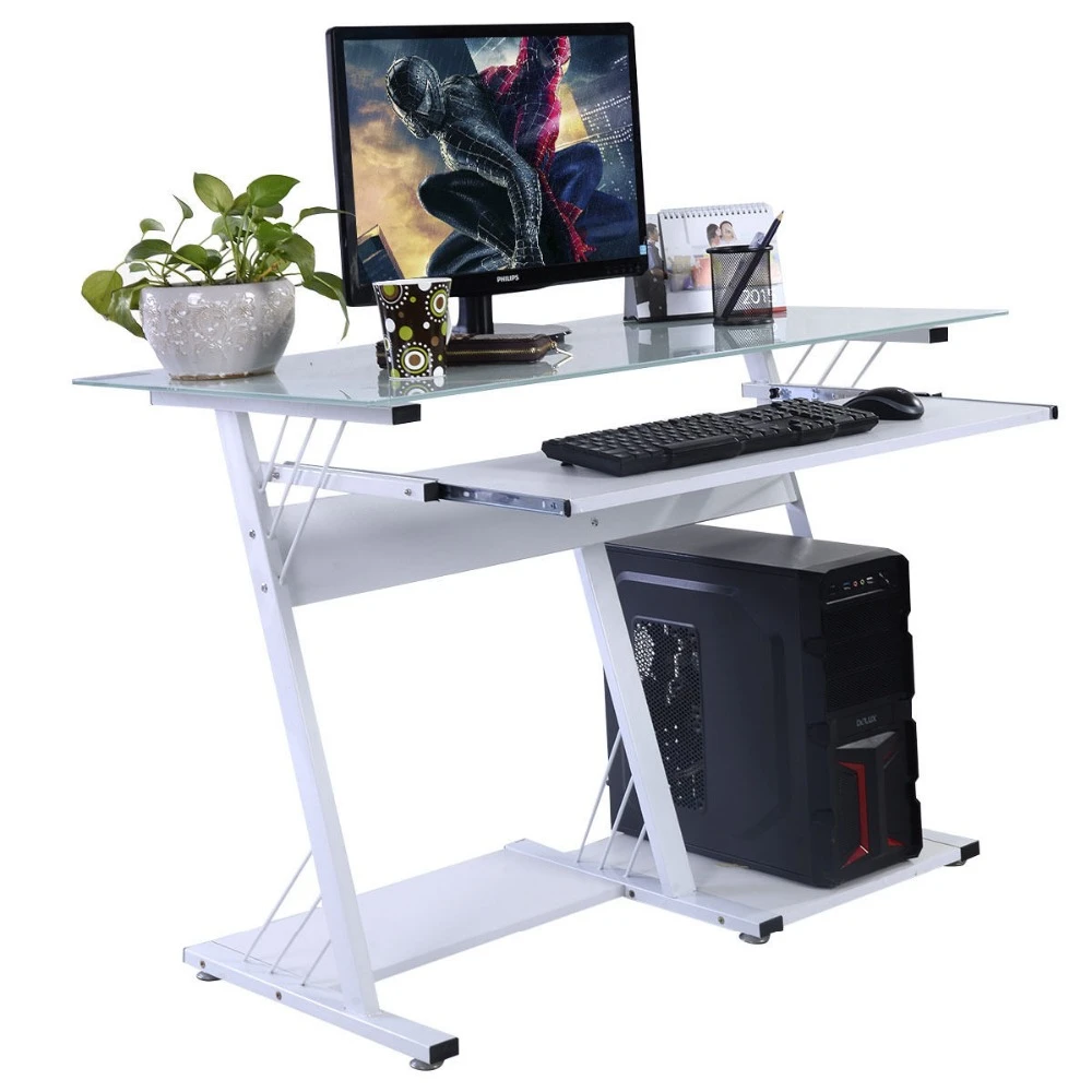 Escritorio de la computadora moderna mesa muebles de bandeja para teclado y vidrio Top blanco nuevo|glass guitar|glass swanfurniture stone -