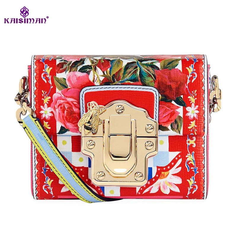 

Luxury Italy Brand Sicily Bag Women Genuine Leather Rose Print Shoulder Bag Famous Designer Gold Locks Small Party Bag Red Sac