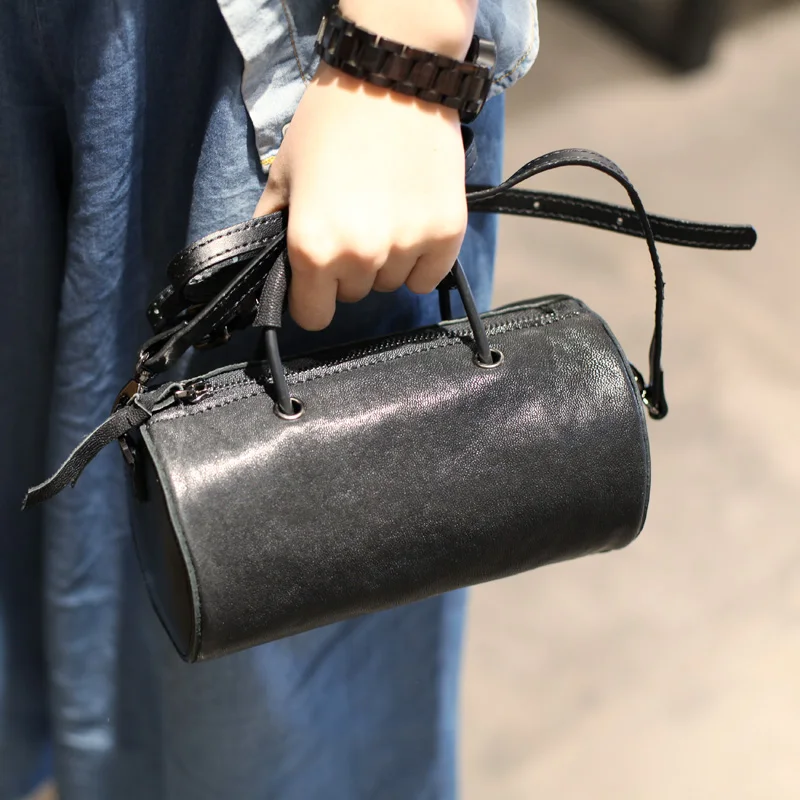 AETOO Black Sheepskin Cylindrical Bag Mini Handbag Shoulder Skip Bag Summer Korean Leather Round Cask