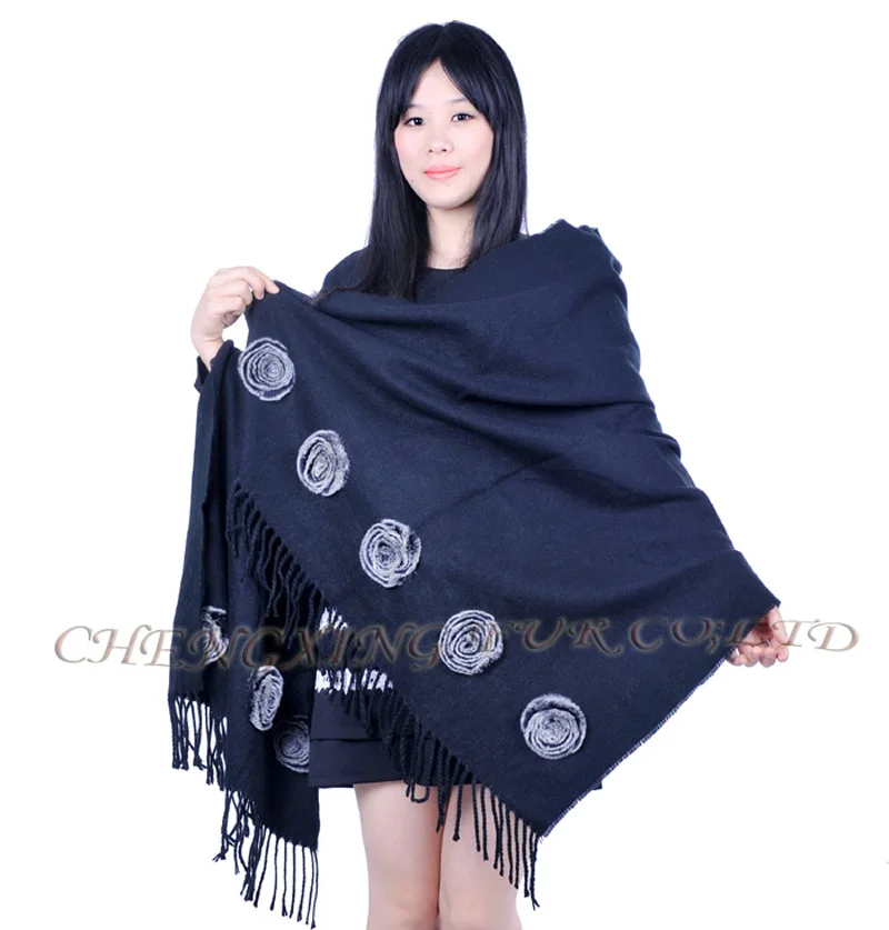 

FREE SHIPPING CX-B-P-12 Genuine Rex Rabbit Fur Floral Decorated Women Pashmina