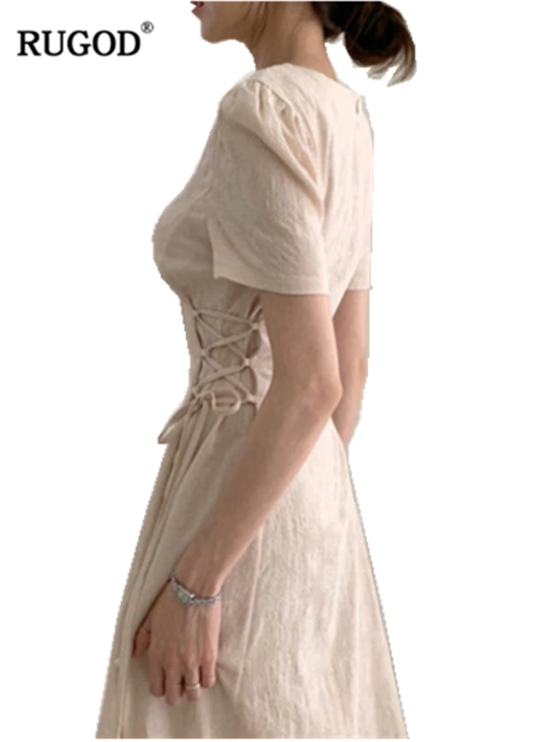 

RUGOD 2019 New Women Solid Sides Strap Slim Dress V-neck Short Sleeeves Light Flowers Partern Vestidos Freach Gentle Hot платье