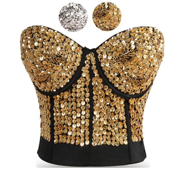 Striking Gold Sequin & Beading Studded Belly Dance Bra Top Sexy Bustier  Underwear Women Bra Push