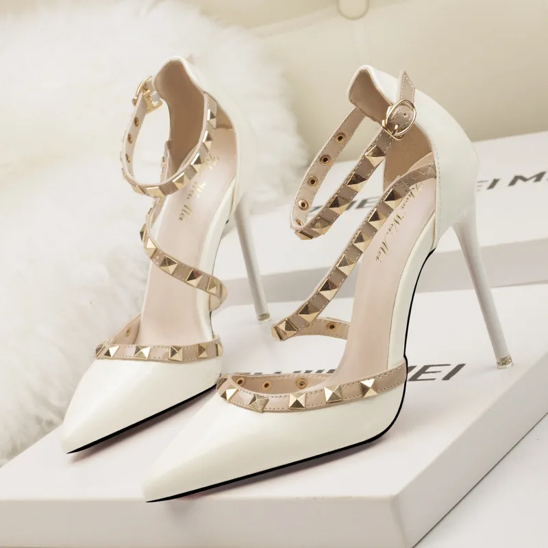 

Fashion Rivet Pointed Toe Gladiator Sandals Women High Heels 10CM Pu Women Shoes Pumps Sexy Wedding Shoes Woman sandalias mujer