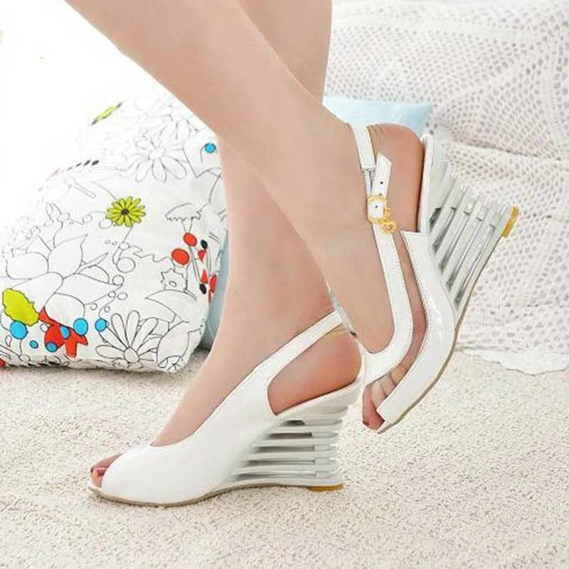 

2018 large size3 34-43 Summer wedge High Heel Peep Toe Buckle Up Party White Black Blue Pink women Shoes Woman Sandals