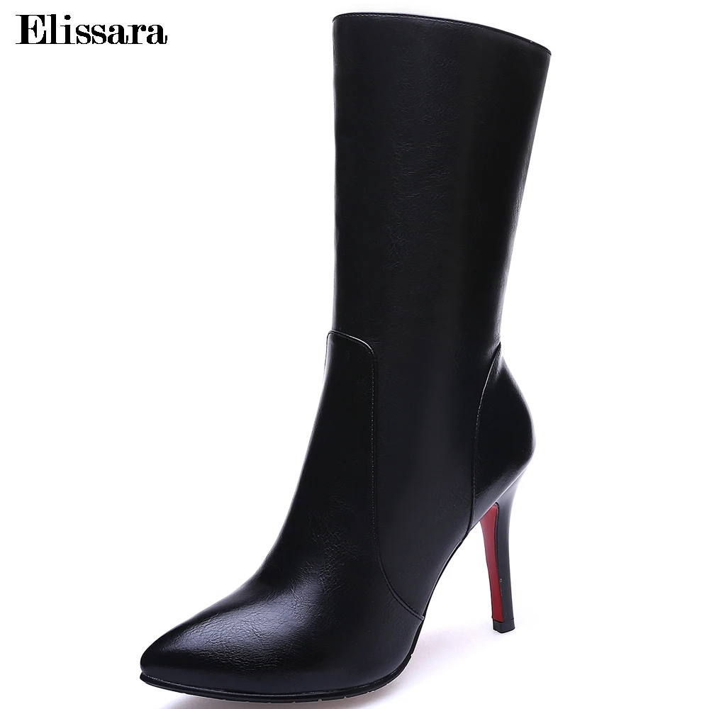

Elissara Women Genuine Leather Boots Shoes Women High Heel Mid Calf Boots Fashion Zip Pointed Toe Boots Plus Size 34-42
