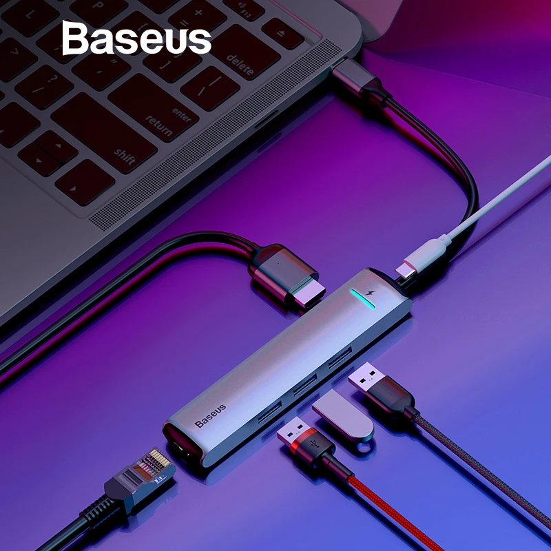 Baseus 6 puertos USB tipo C para USB 3,0 de USB C para MacBook Pro LED USB HUB RJ45 HDMI para samsung S8 S9 Huawei P20 amigo 20 tipo C HUB - 1