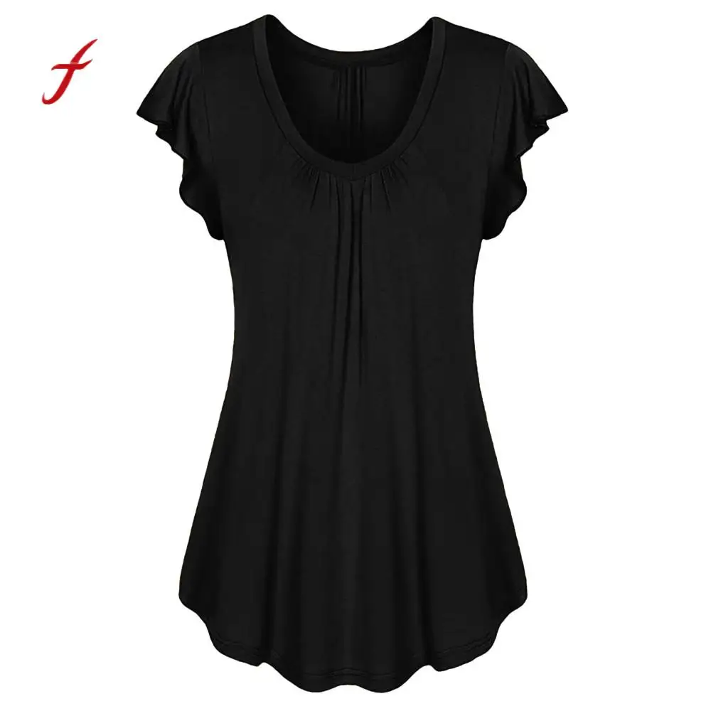 

Feitong plus Size Tee Shirt Summer Women Solid Row Pleats Shirt Ruffled Ruched O-Neck Short Sleeve Irregular T-Shirt Tops /PY