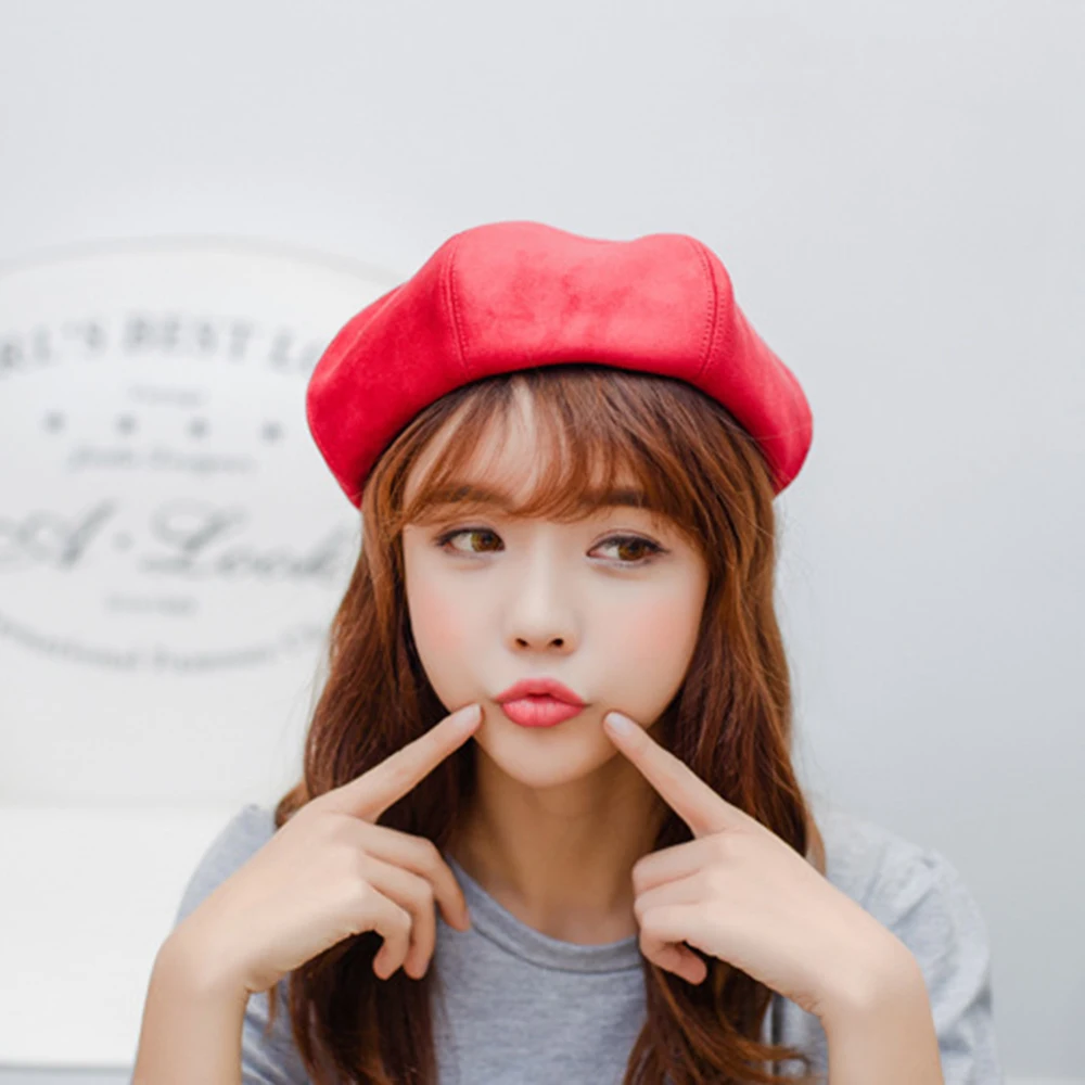 Vintage Women Berets Hats Korean Style Solid Color Suede Caps Fashion