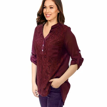 

Womens Tops And Blouses 2019 Autumn Solid V-Neck Lace Shirts Long Sleeve Chiffon Shirt Elegant Loose Office Blouse Blusas Mujer