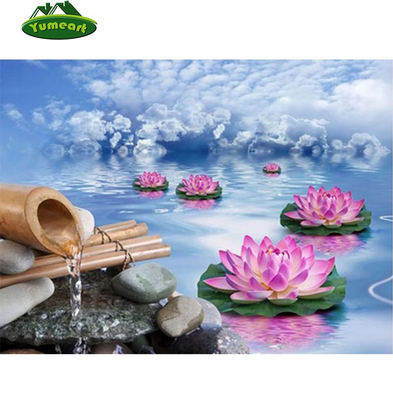 

Lotus Flower Needlework Diamond Embroidery Mosaic Cross Stitch Kits Bamboo Water Picture Paintings Wall Decor