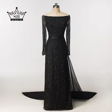 De Manga larga Negro Sirena de Tulle Del Vestido de Noche Con Lentejuelas Rebordear Vestidos de Noche Robe De Soirée 2017 Real Imagen Serena Hill