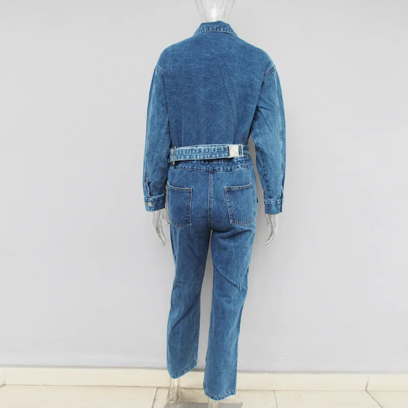 Fall Denim Jumpsuits Women Lapel Long Sleeve High Waist Wide Waistband Women's Romper Safari Style Jumpsuit with Waist Bags