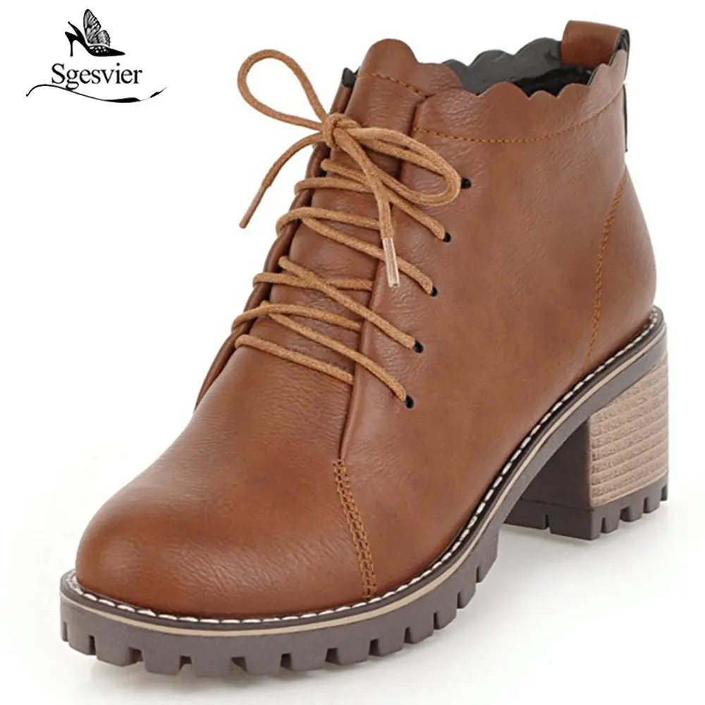 

Sgesvier Antumn Thick Heel Ankle Boots Lace Up Platform High Heel Black Brown Women's Motorcycle Boots Plus Size 33-44 OX783