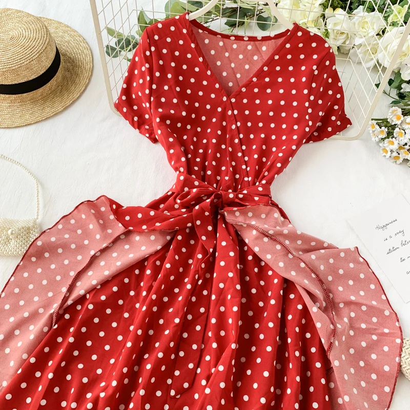 Vintage Polka Dot Print V Neck Ruffles Short Bandage Dress Chiffon Summer Party Women Casual High Waist Beach Dresses