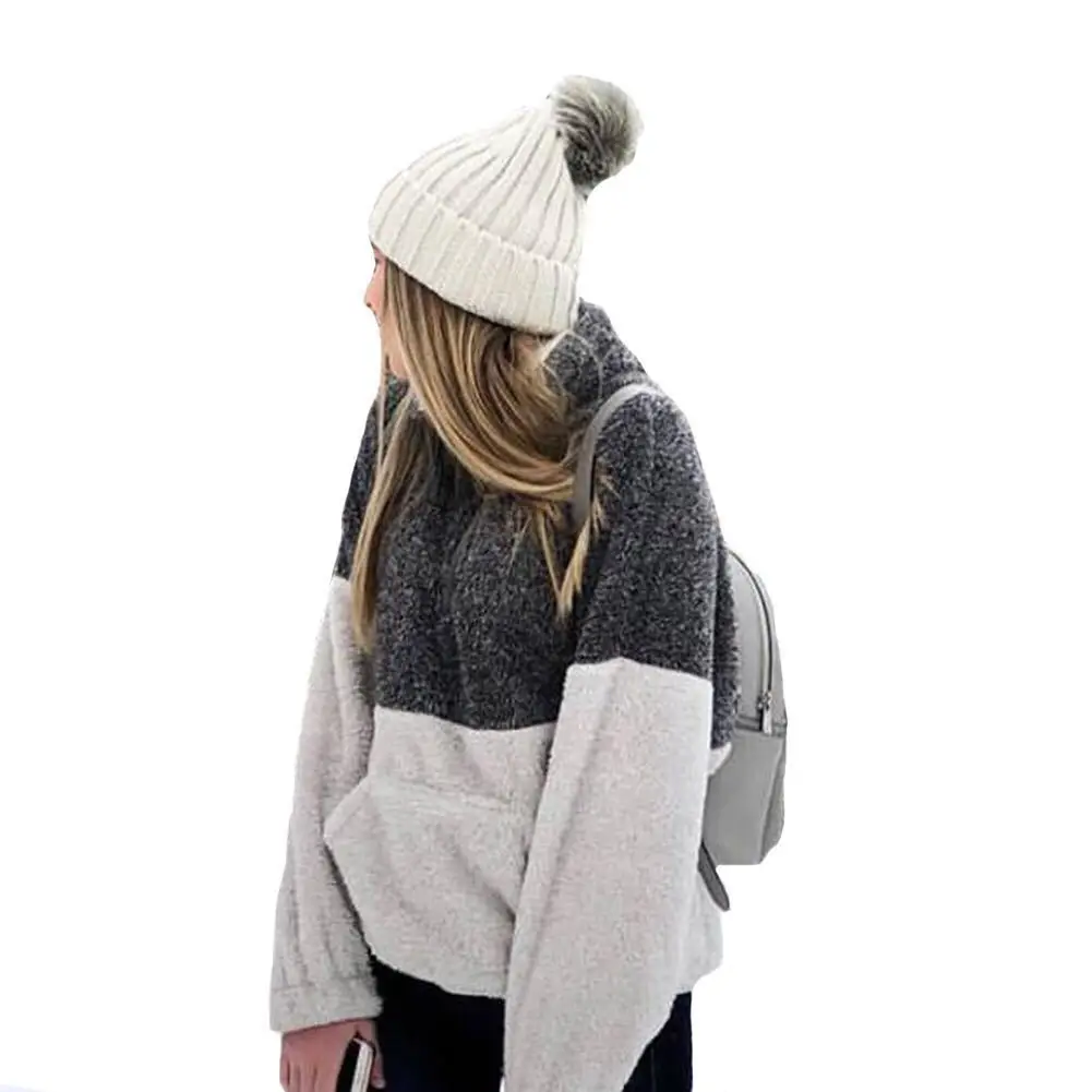 TTOU Utumn Winter Women's 1/4 Zipper Sherpa Knit Soft Fleece Pullover ColorBlock Sweater Outwear Coat Kangaroo Pockets 