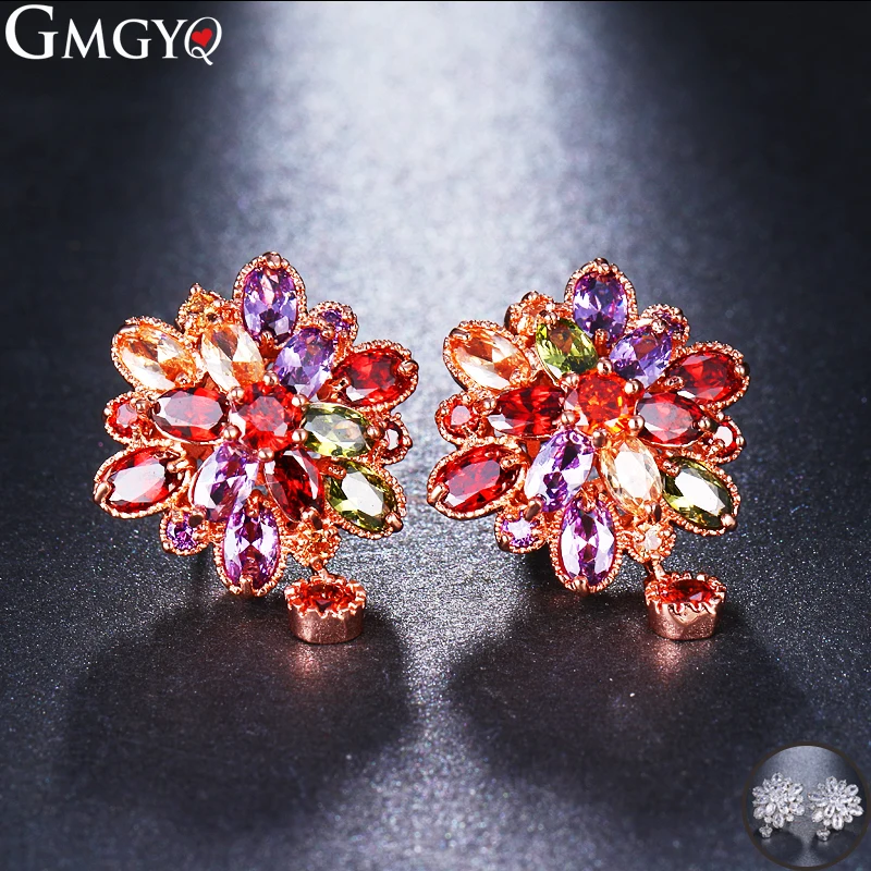 

GMGYQ Fashion Romantic Women Jewelry Silver Color Flower Shape High Quality Cubic Zircon Stone Earrings For Girls Gift