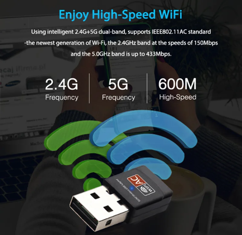 USB WiFi адаптер AC 600 Мбит/с ПК мини беспроводная Wifi антенна сетевая карта Двухдиапазонная 2,4+ 5,8 ГГц Lan Ethernet адаптер 802.11a/g/n/ac