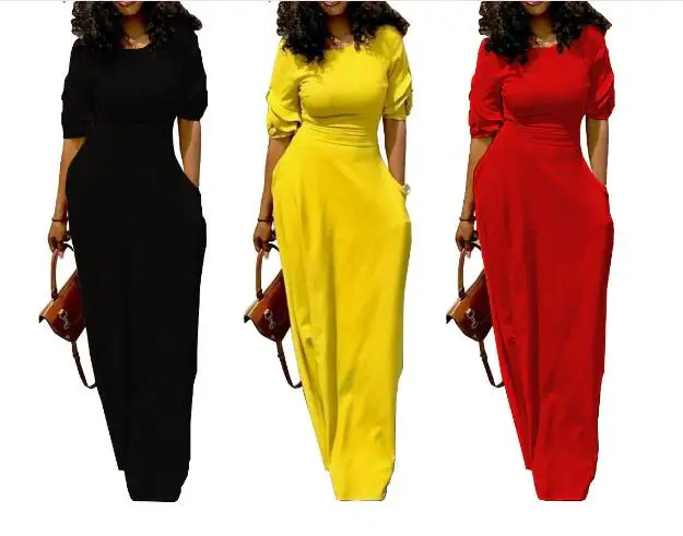 

Elegant Long Maxi Dress Women Solid O-neck Short Sleeve Party Dress 3 Colors