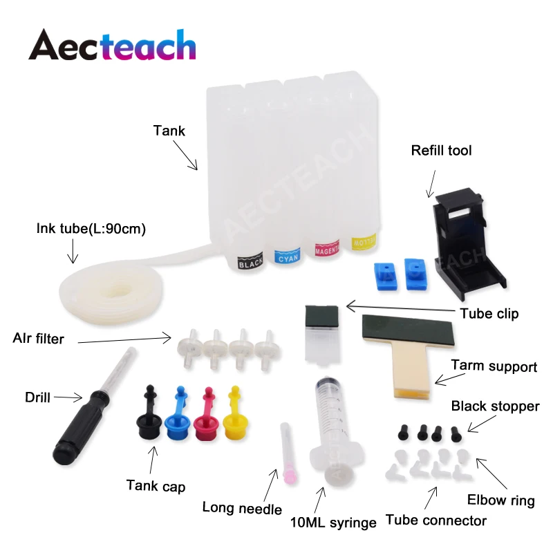 

Aecteach 4 Color Ciss Ink kit for HP140 For HP 140 141 XL Cartridge Photosmart C4283 C4583 C4483 C5283 Ciss Tank Ink System
