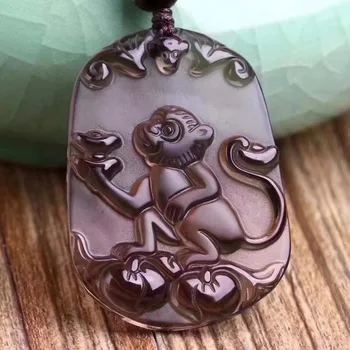 

Natural ice species obsidian zodiac monkey pendant +6 mm ice color bead chain ob2751#
