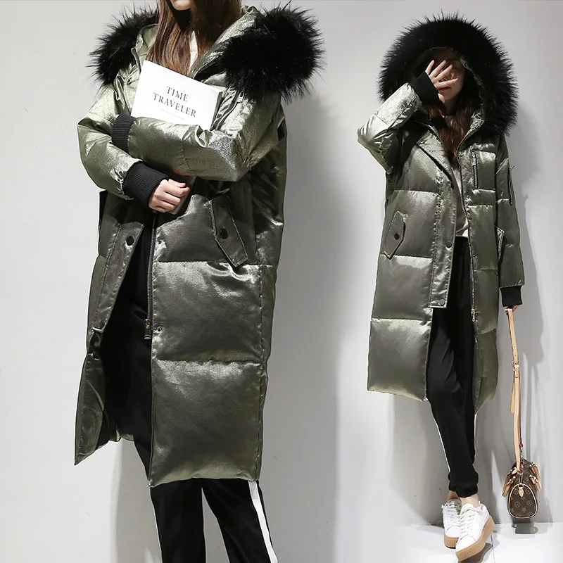 

2019 Winter Long Down Snow Outerwear Women Big Fur Collar Hooded W Jacket Female Slim hite Duck Down Long Parkas Coat
