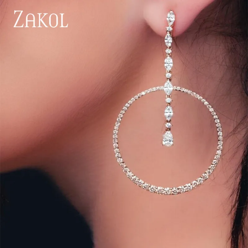 

ZAKOL Trendy Zirconia Long Dangle Drop Earrings For Women Wedding Party Jewelry Big Round Circle Sliver Color Earrings FSEP658