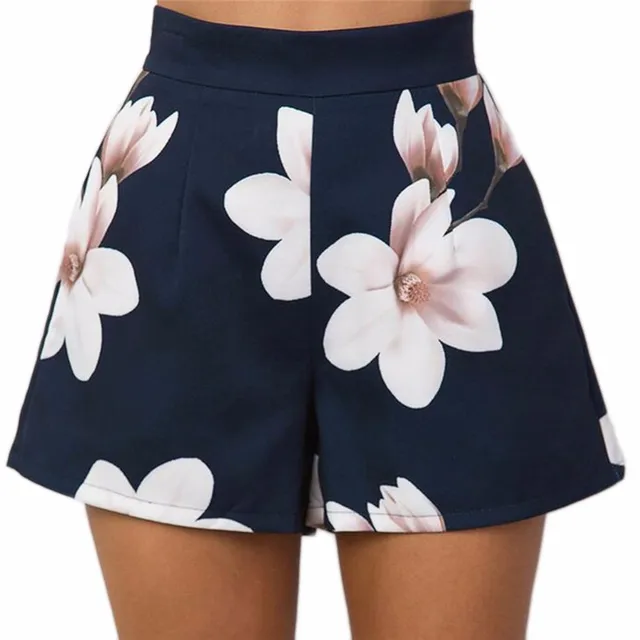Navy Blue Women Shorts Summer Floral Print High Waist Shorts Casual