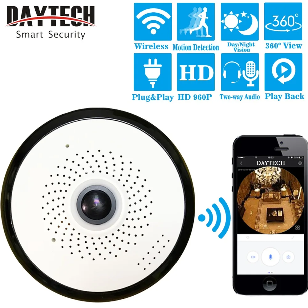 

DAYTECH Wireless IP Camera WiFi Surveillance Camera HD 960P 360 Degree Panoramic Camera Motion Detection IR Night Vision VR01