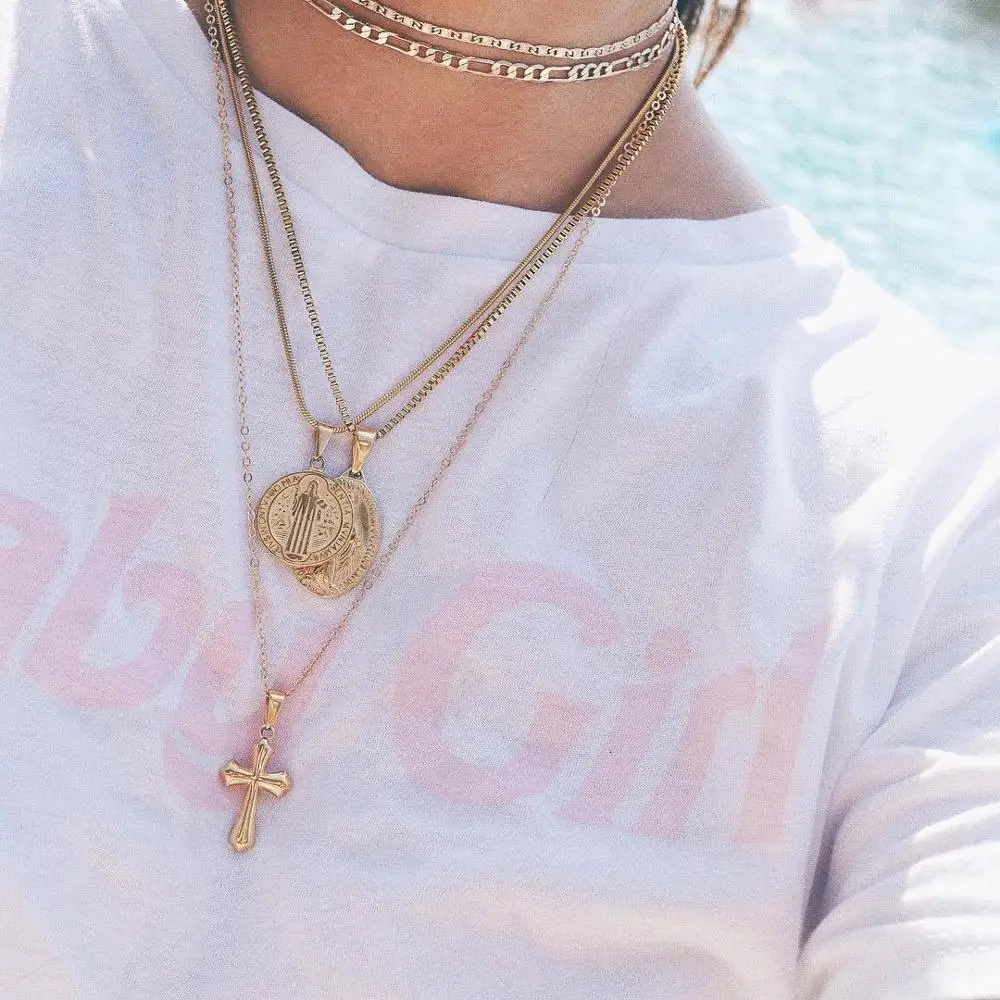 5 Pcs/Set Vintage Female Necklace Virgin Mary Cross Pendant Multilayer Gold Set Glamour Lady Wedding Party Jewelry | Украшения и