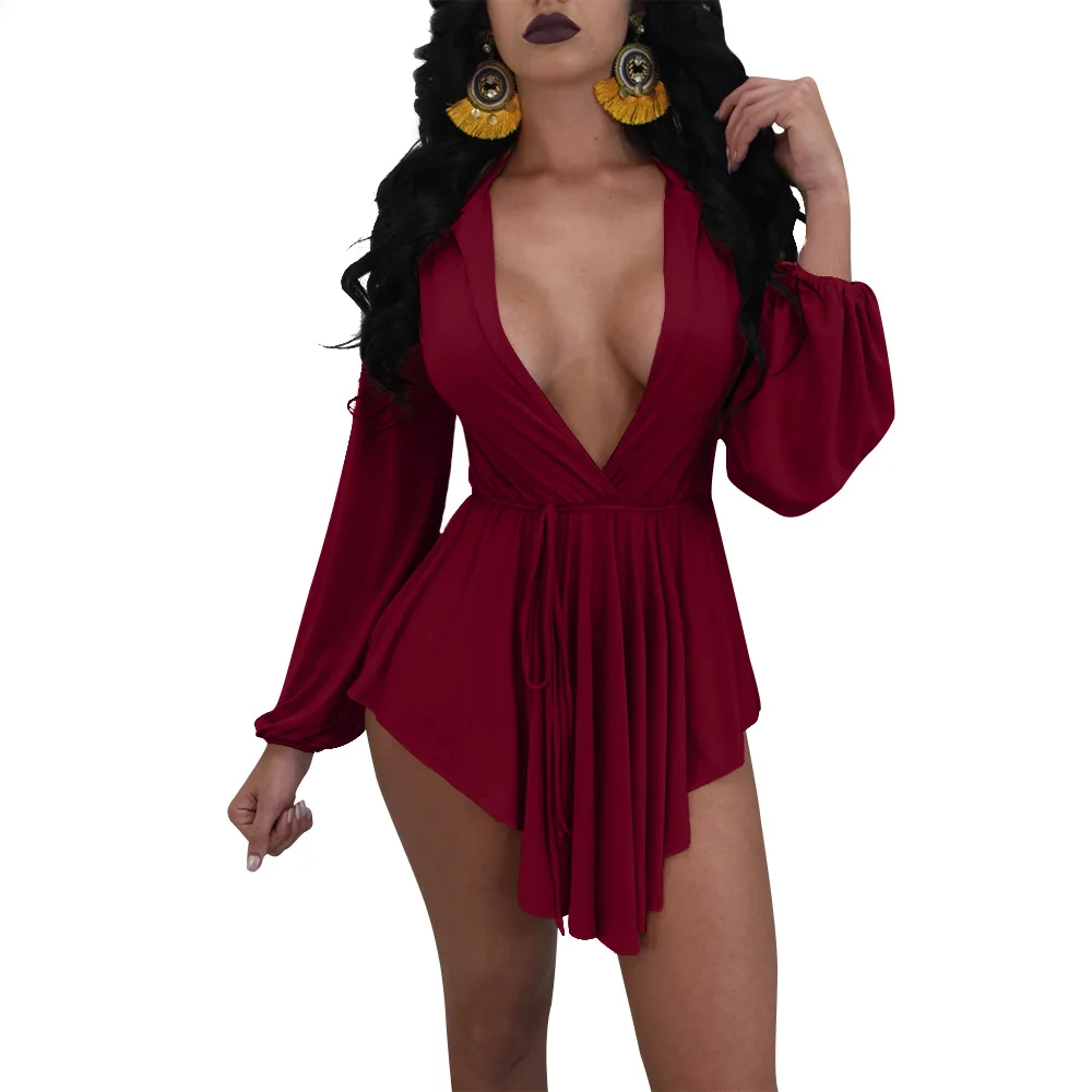 Sexy Women Club Dresses Asymmetrical Deep V neck Strap Draped Full Puff