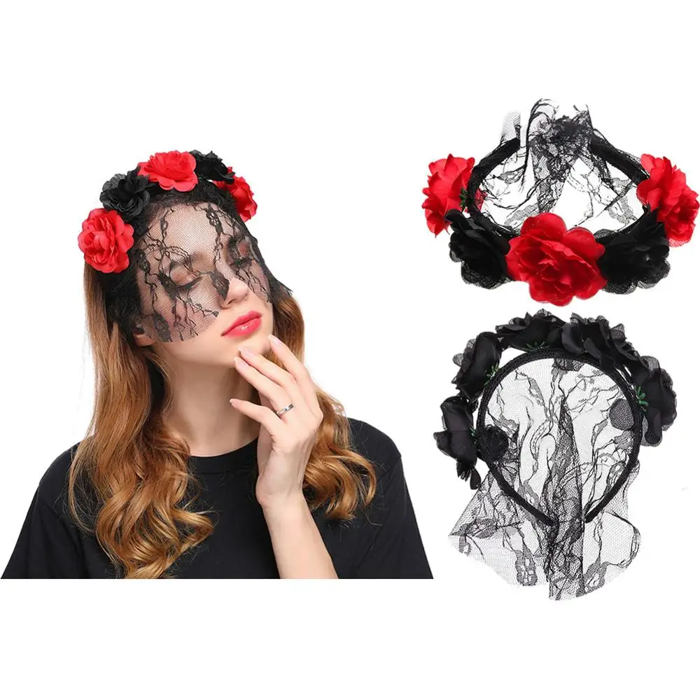 

Women Lady Girl Rose Flower Headband Hair Hoop with Mesh Veil Halloween Party Costume