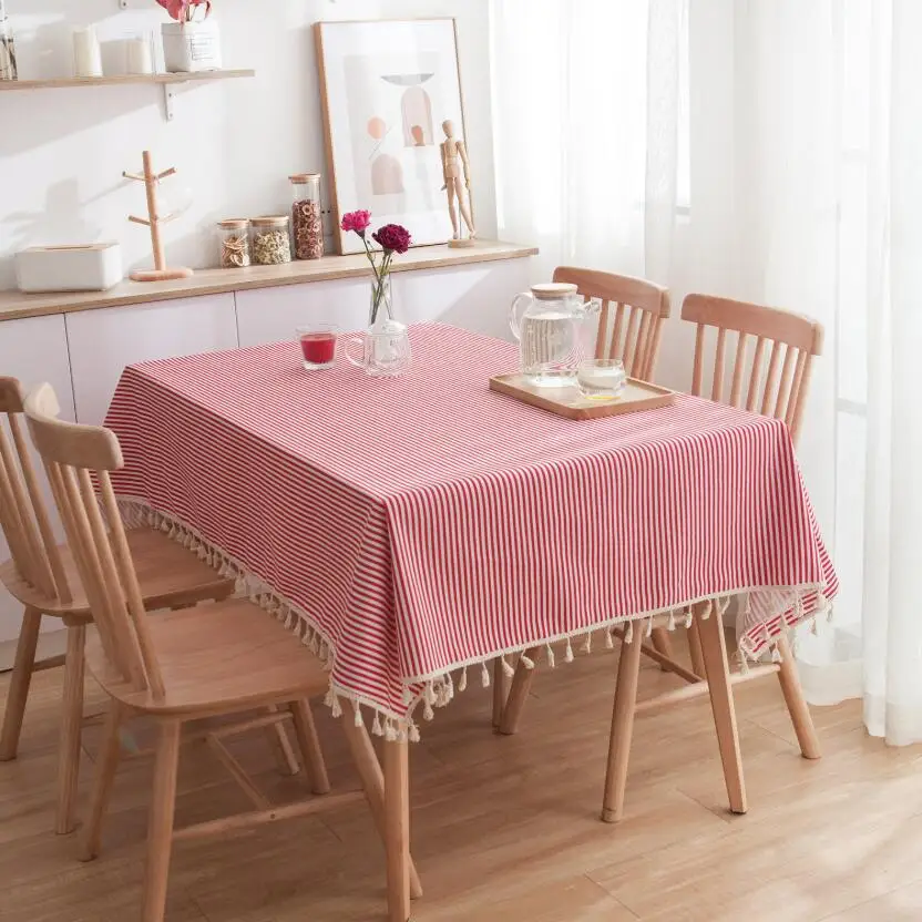 

2019 New Arrival Japan Striped Table Cloth Red Blue Stripe Tablecloth with Tassel Plaid Table Cover Home Textile Nappe ZC051