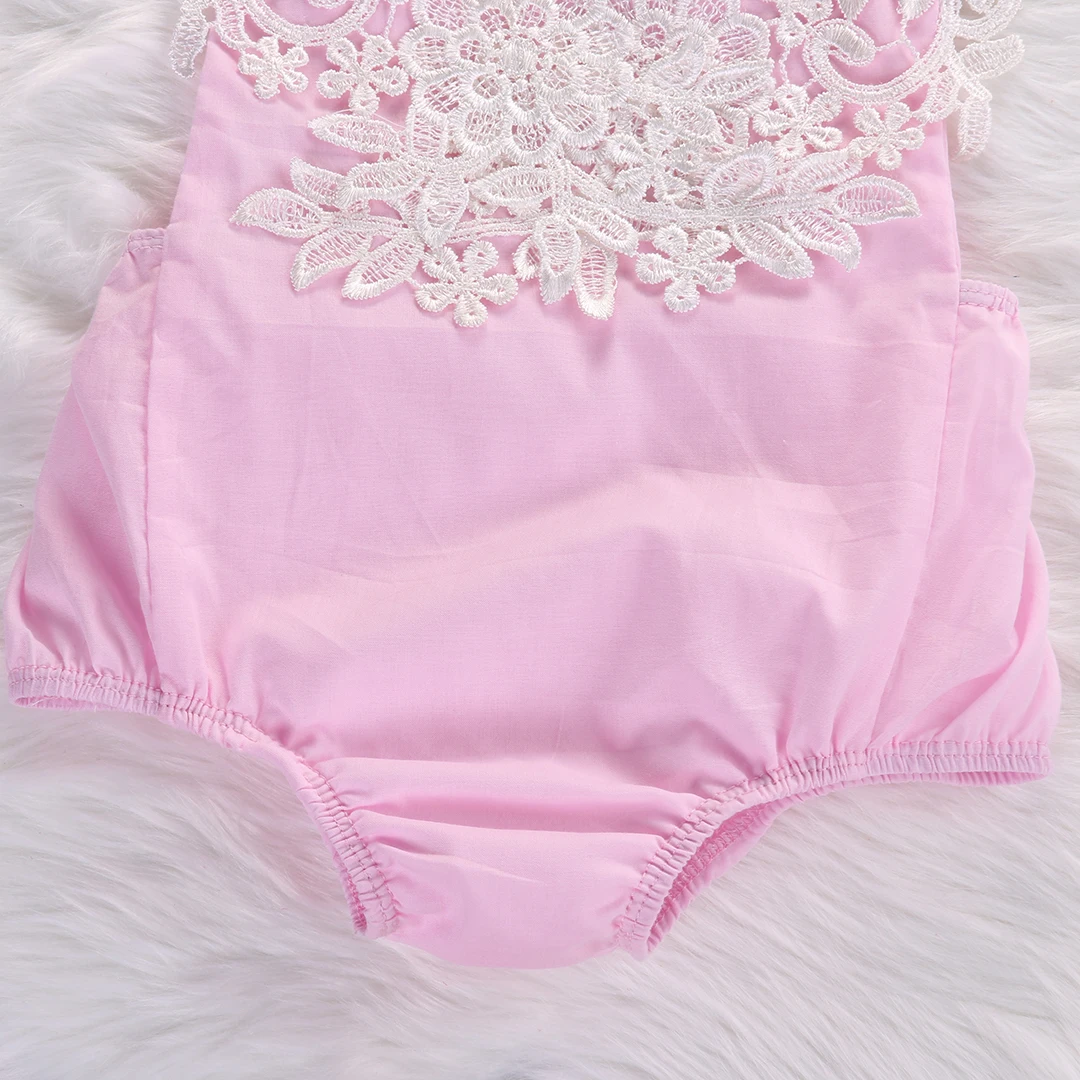 Newborn Infant Baby Girls Pink Lace Floral Romper Backless Jumpsuit Outfits Set +headband Sunsuit 0-18M