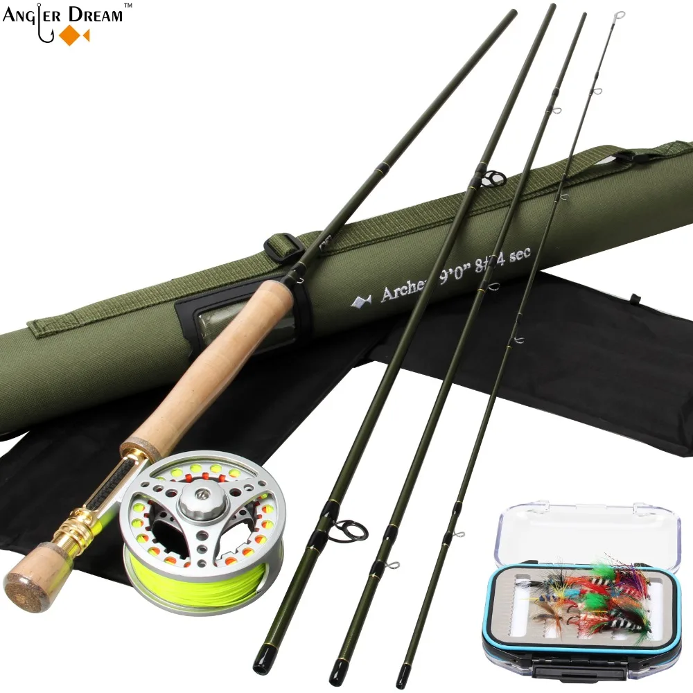 يطير رود كومبو 9FT 8WT ألياف الكربون يطير الصيد رود 7/8wt كبيرة اربور الألومنيوم يطير بكرة و خط بدعم زعيم ذباب و مربع